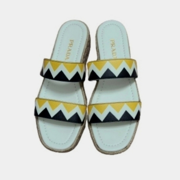 PRADA Zigzag Saffiano Leather Sandals Womens Platform Espadrille Slide Size 39 - Picture 3 of 16